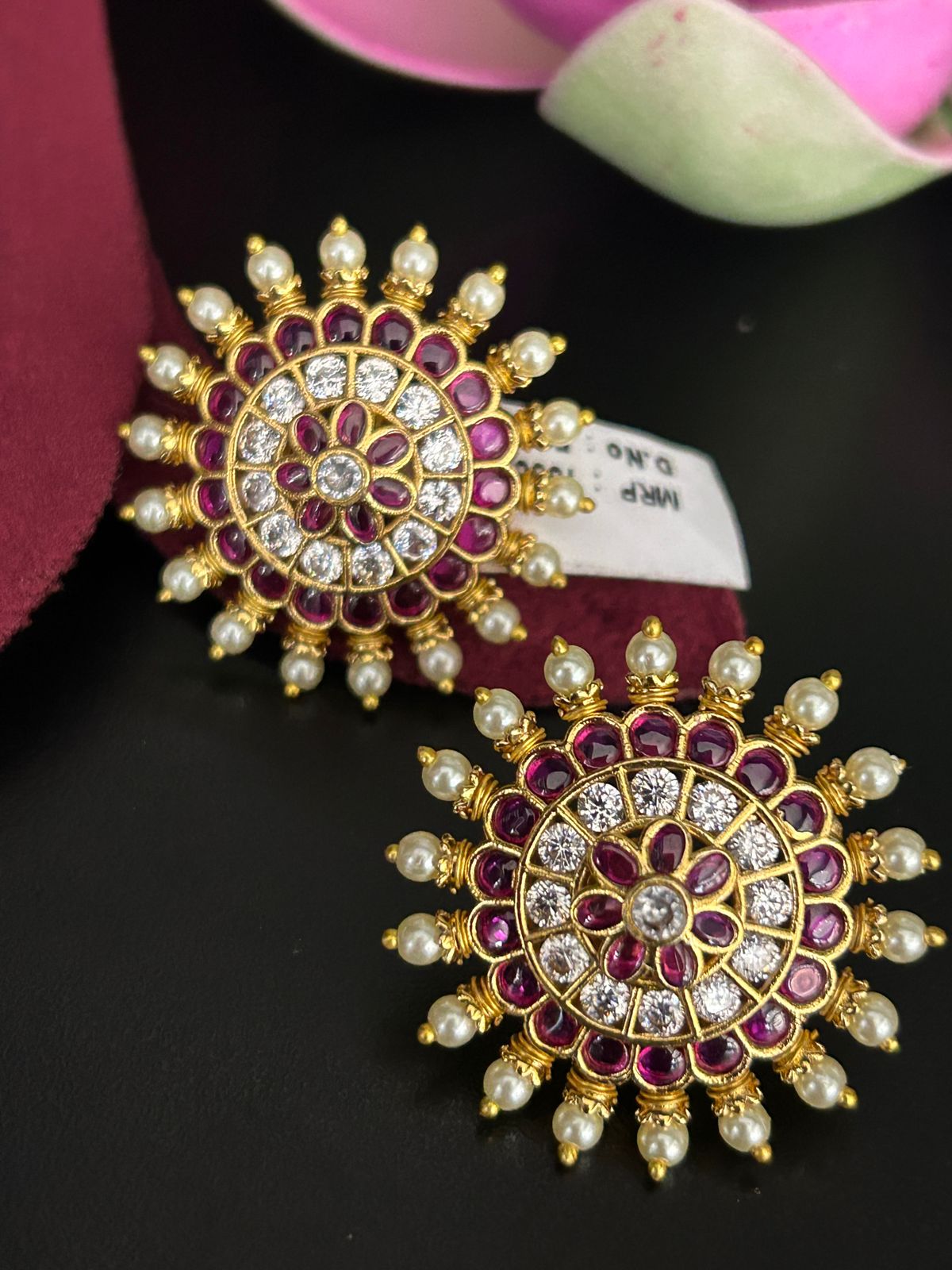 Ruby Pearl Floral Stud Earrings